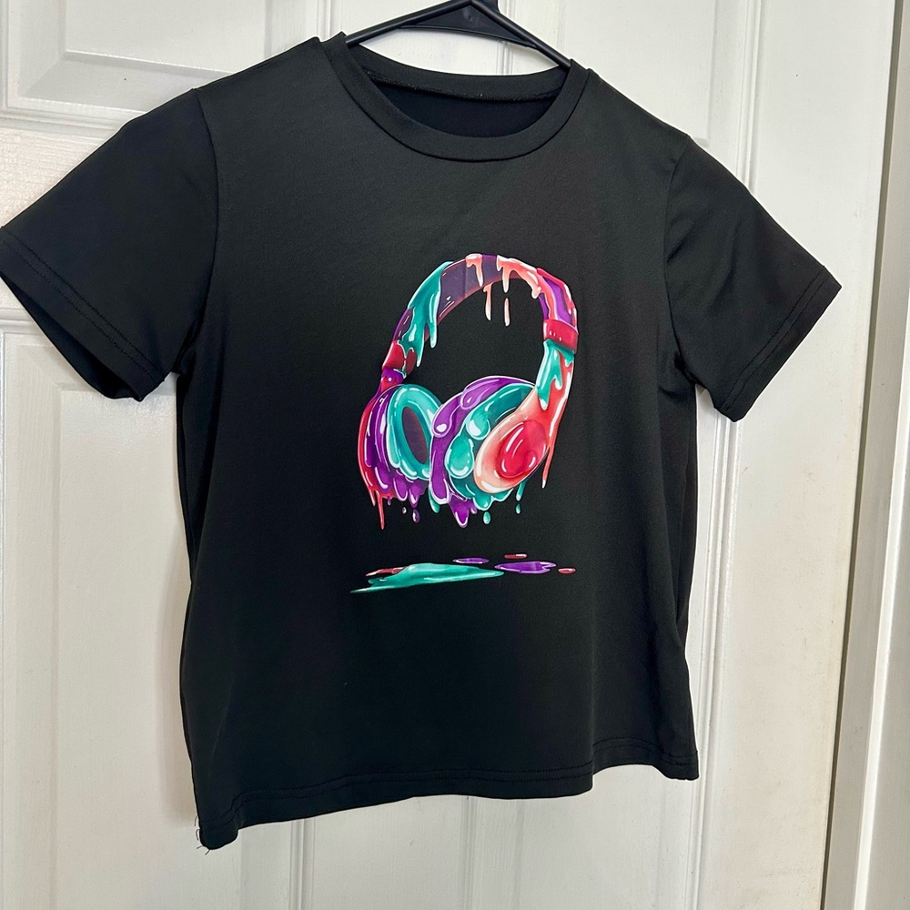 Black T-Shirt with Colorful Headphone Design